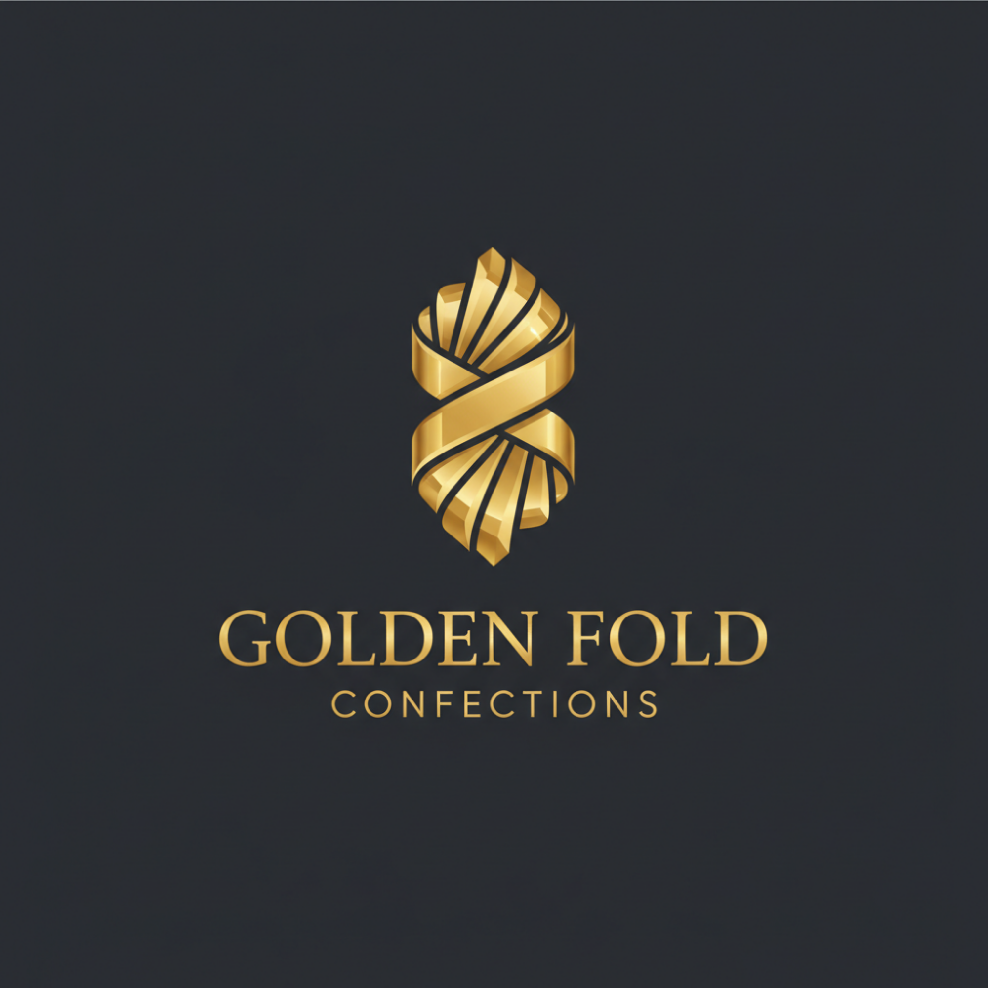 Golden Fold Confections logo with a stylized gold ribbon twisted into a flame shape, set against a dark background.