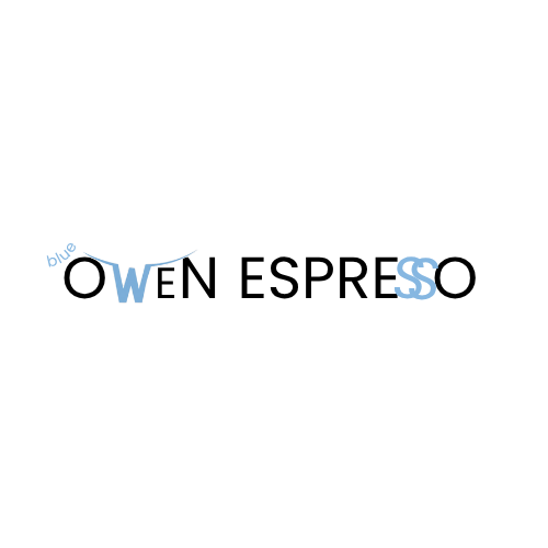 Metin: 'OWEN ESPRESSO' ve üzerinde küçük mavi harflerle 'blue' yazısı bulunan logo.