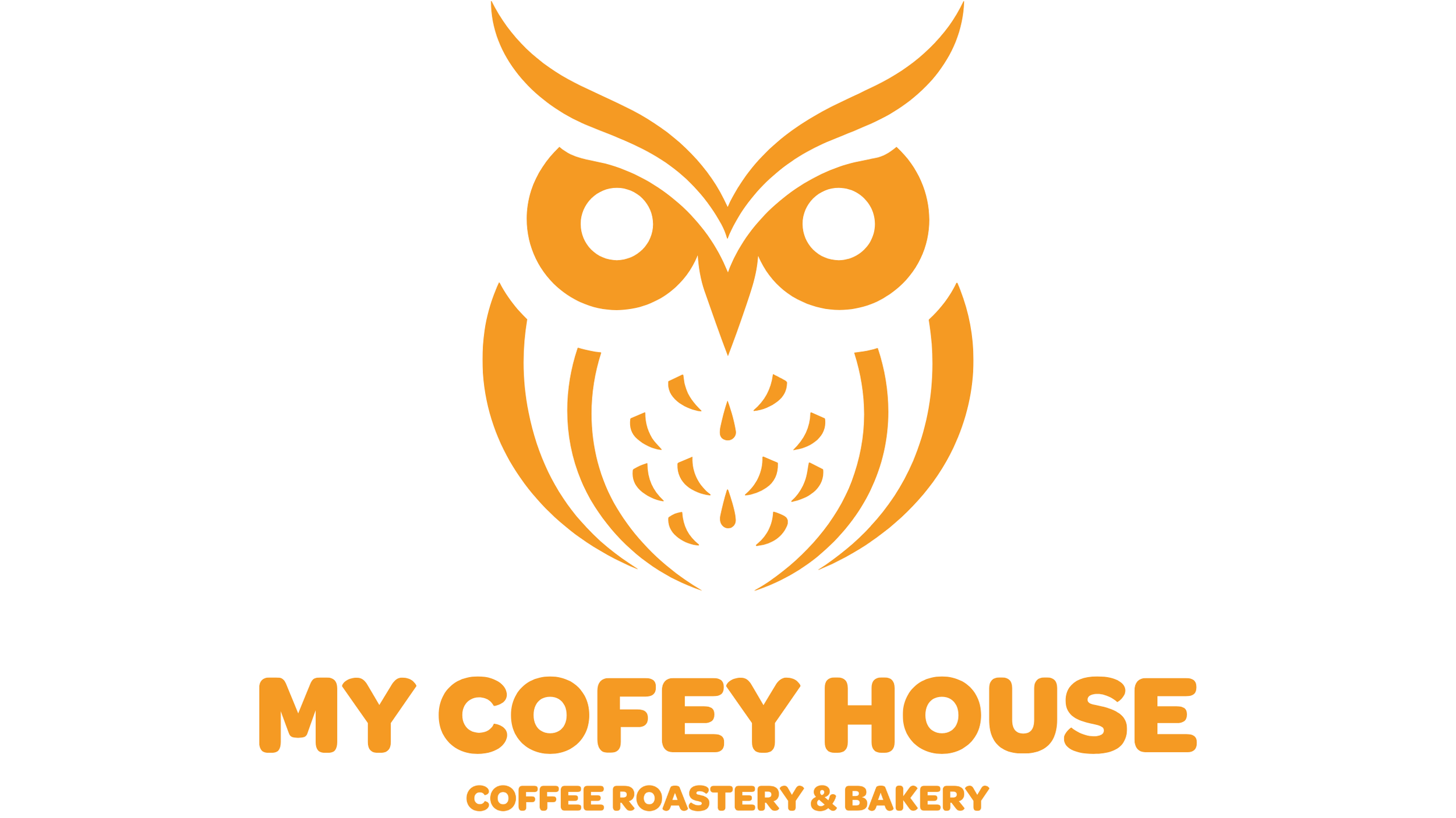 Turuncu ve beyaz renklerde, baykuşa benzeyen bir logo. Logo altında "MY COFEY HOUSE" ve "COFFEE ROASTERY & BAKERY" yazıları bulunuyor.