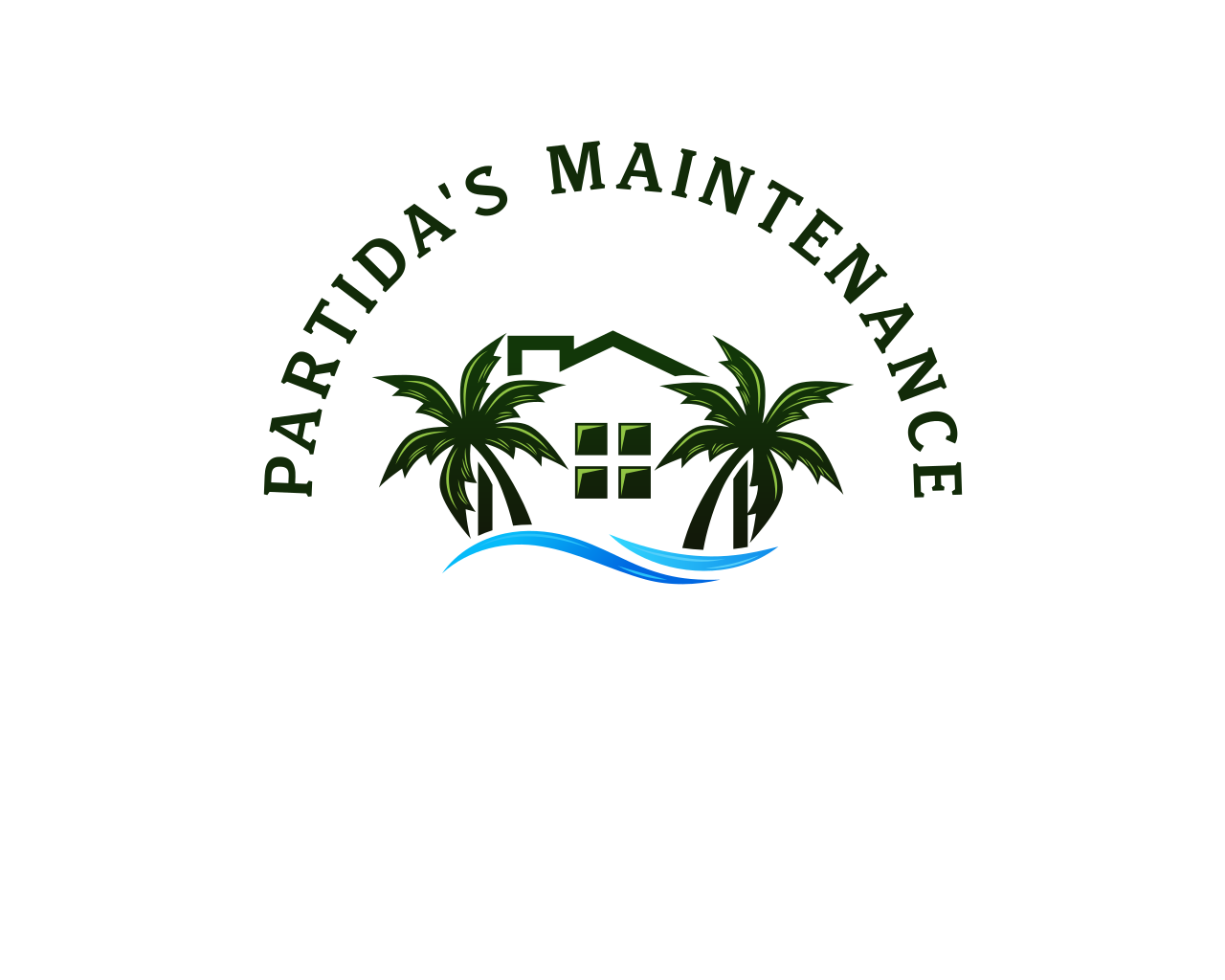 Logo for Partrida's Maintenance with three green palm trees, a house outline, a blue wave, and the text 'Partrida's Maintenance' curved above.