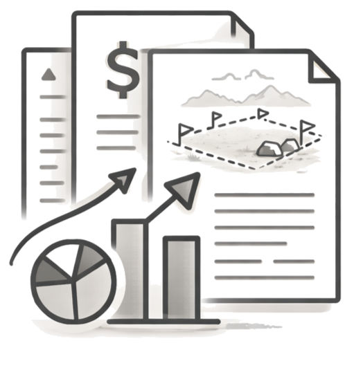 Illustration of financial and business growth charts, including bar graphs, pie chart, upward arrows, and line charts.