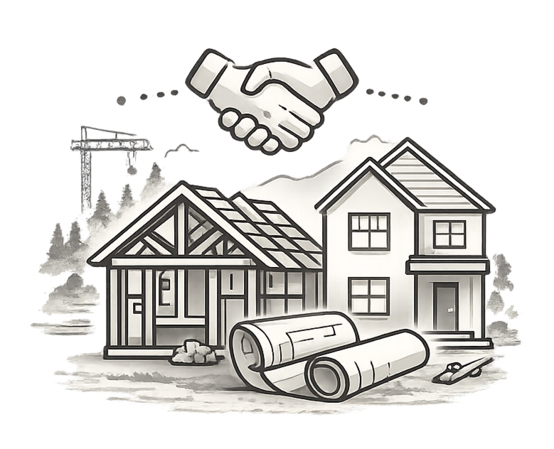 Illustration of a house under construction with roof framing, a finished home, and construction tools, including a rolled-up blueprint, a hammer, and a handshake symbol above.