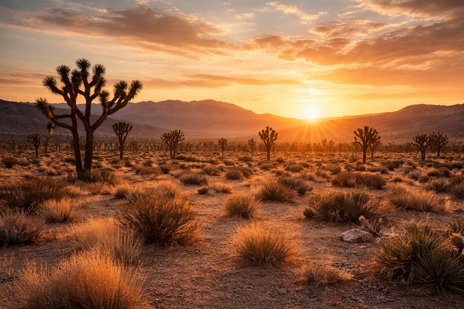 Sunset over a desert landscape with Joshua trees and shrubs, mountain range in the background, and orange-hued sky with scattered clouds.