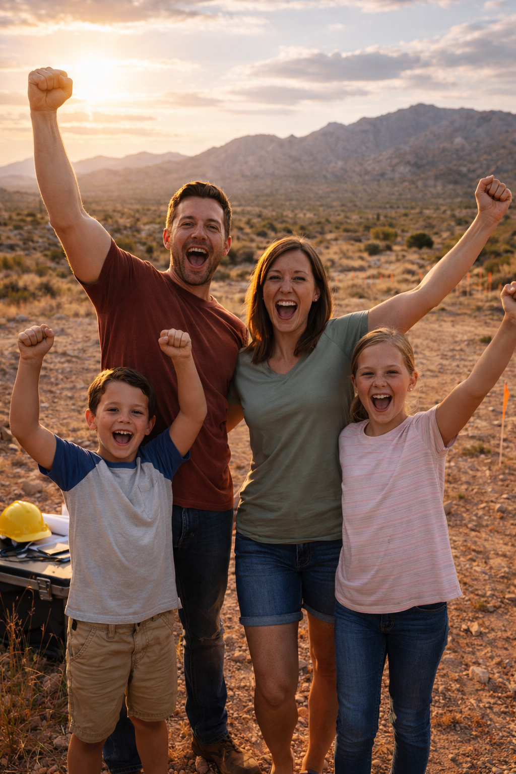Family celebrating outdoors in a desert landscape during sunset, with mountains in the background.