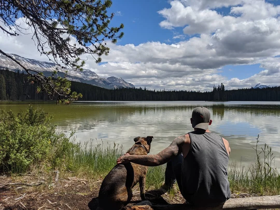Man and dog sitting beside a lake, with mountains and forest in the background, under cloudy sky.