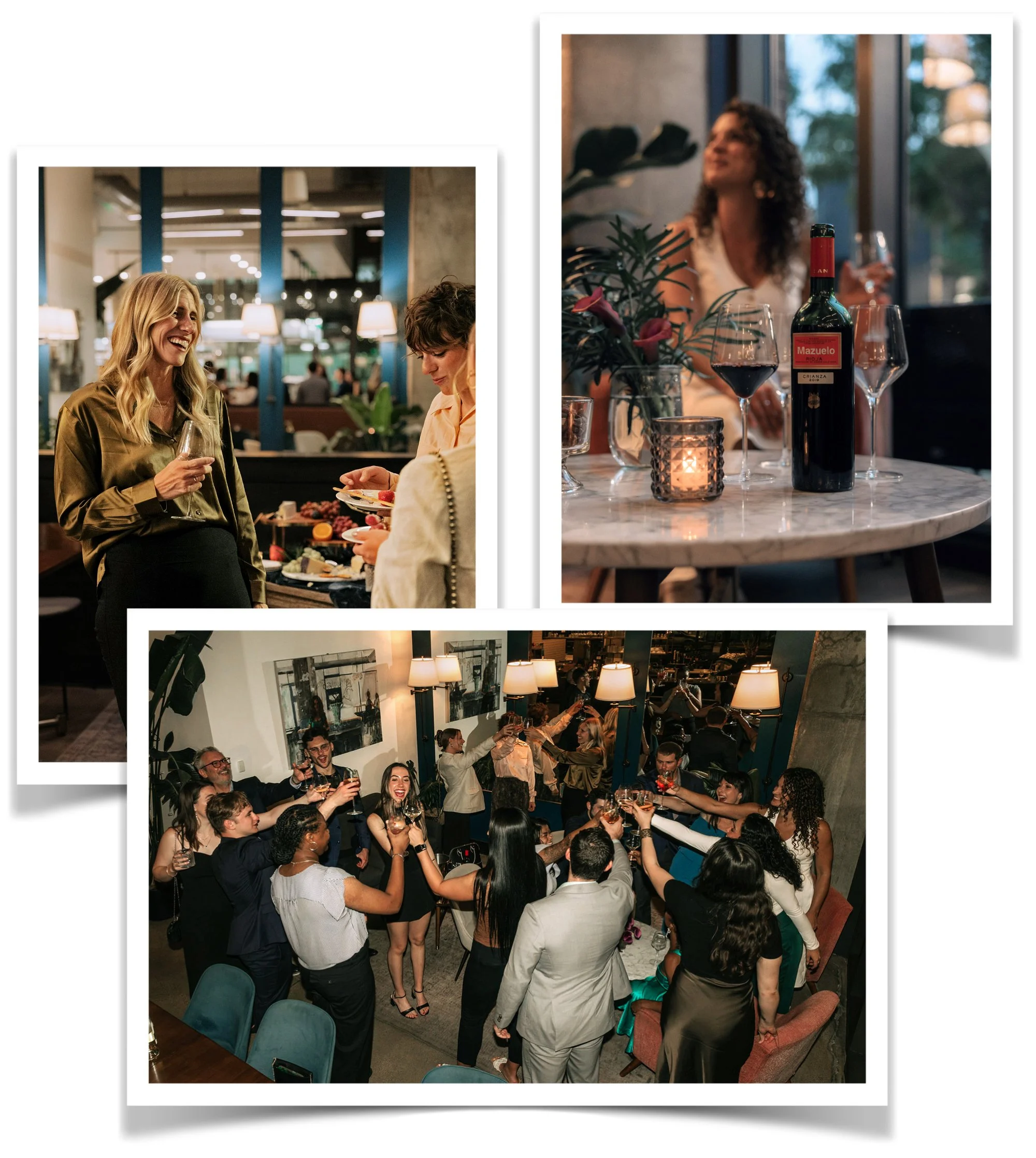 Three people chatting and enjoying each other's company, an out of focus woman talking to someone offscreen with a bottle of wine in the foreground, a large group of people seen from above clinking their glasses in a toast