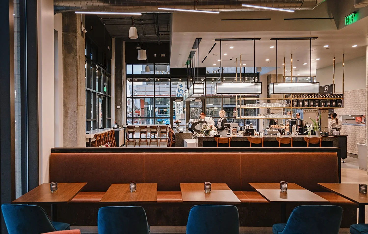 interior shot of Frank & Roze café from the lounge looking across to the espresso bar with very tall ceilings and a modern interior