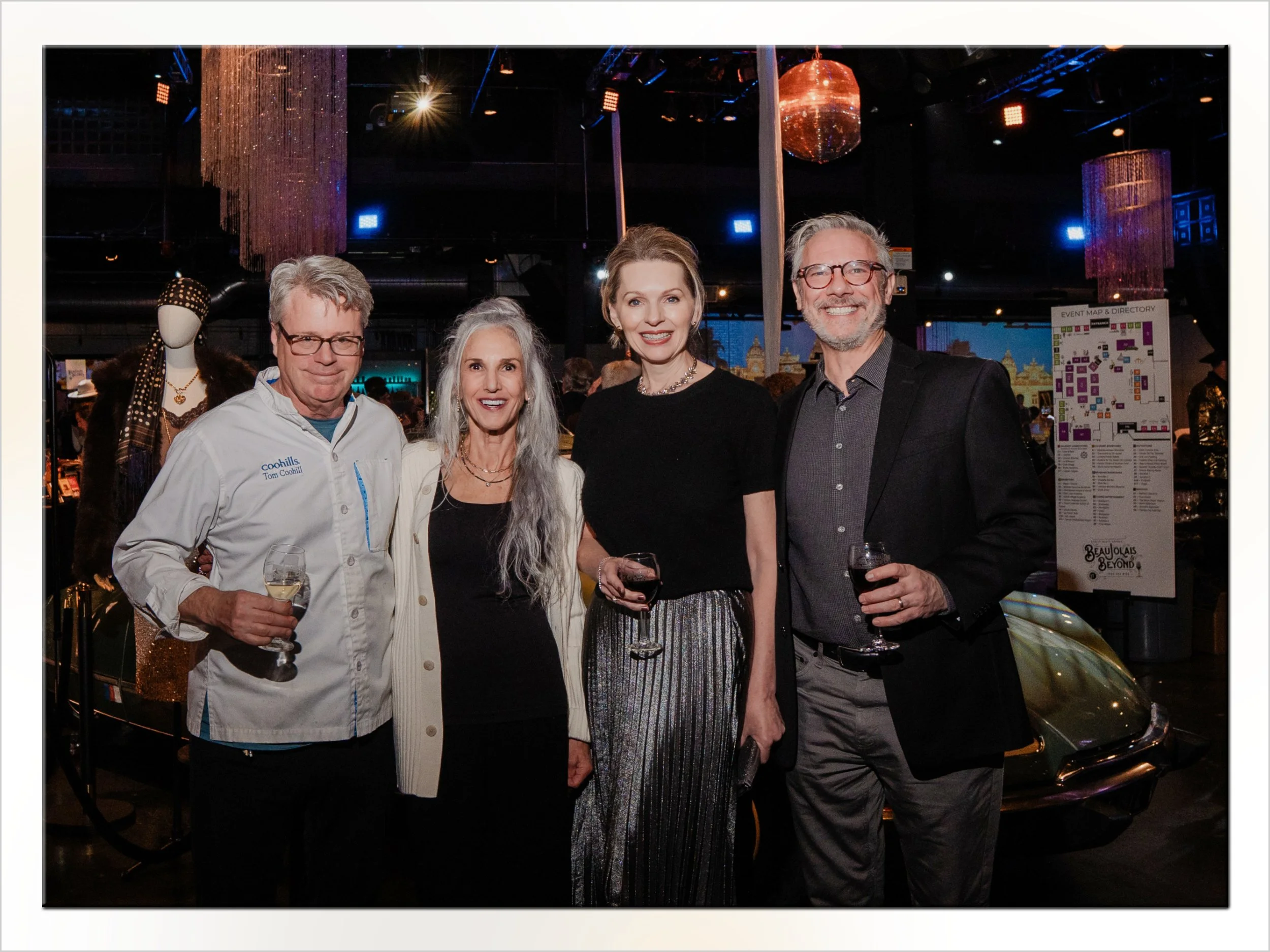 Tom, Diane, Brenda and Stephen at the French American Chamber of Commerce Beaujolais & Beyond gala where Frank & Roze pastry chefs won People's & Judge's Choice for the sweet pastry category. There's a citron and disco ball behind the owners