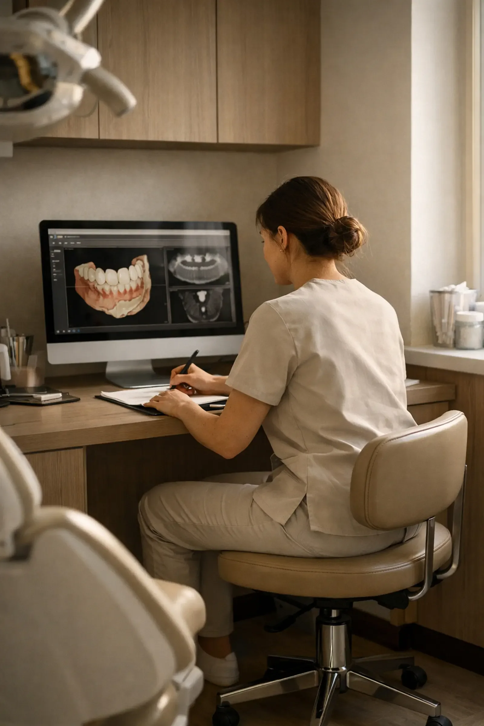 A dental professional sitting at a desk, reviewing digital dental images of teeth and jaw on a computer screen.