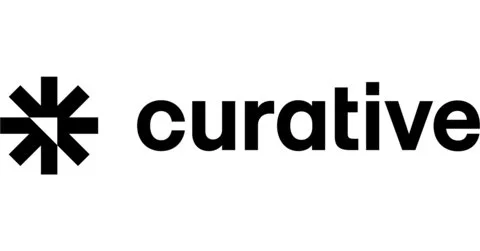 Logo with a black asterisk-like symbol and the word "curative" in black lowercase letters.
