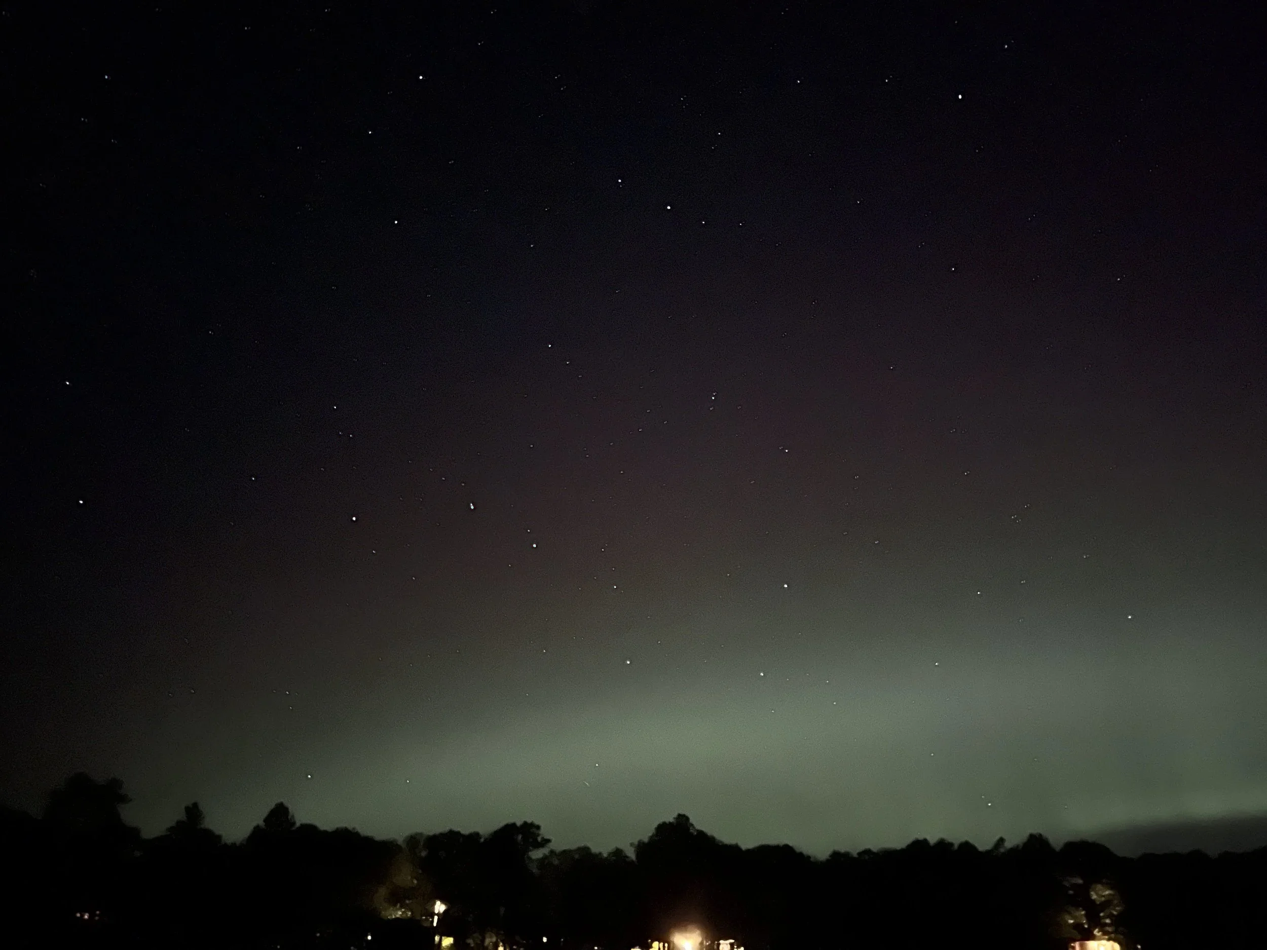 Night sky with visible stars and the northern lights over a silhouette of trees and some distant lights.