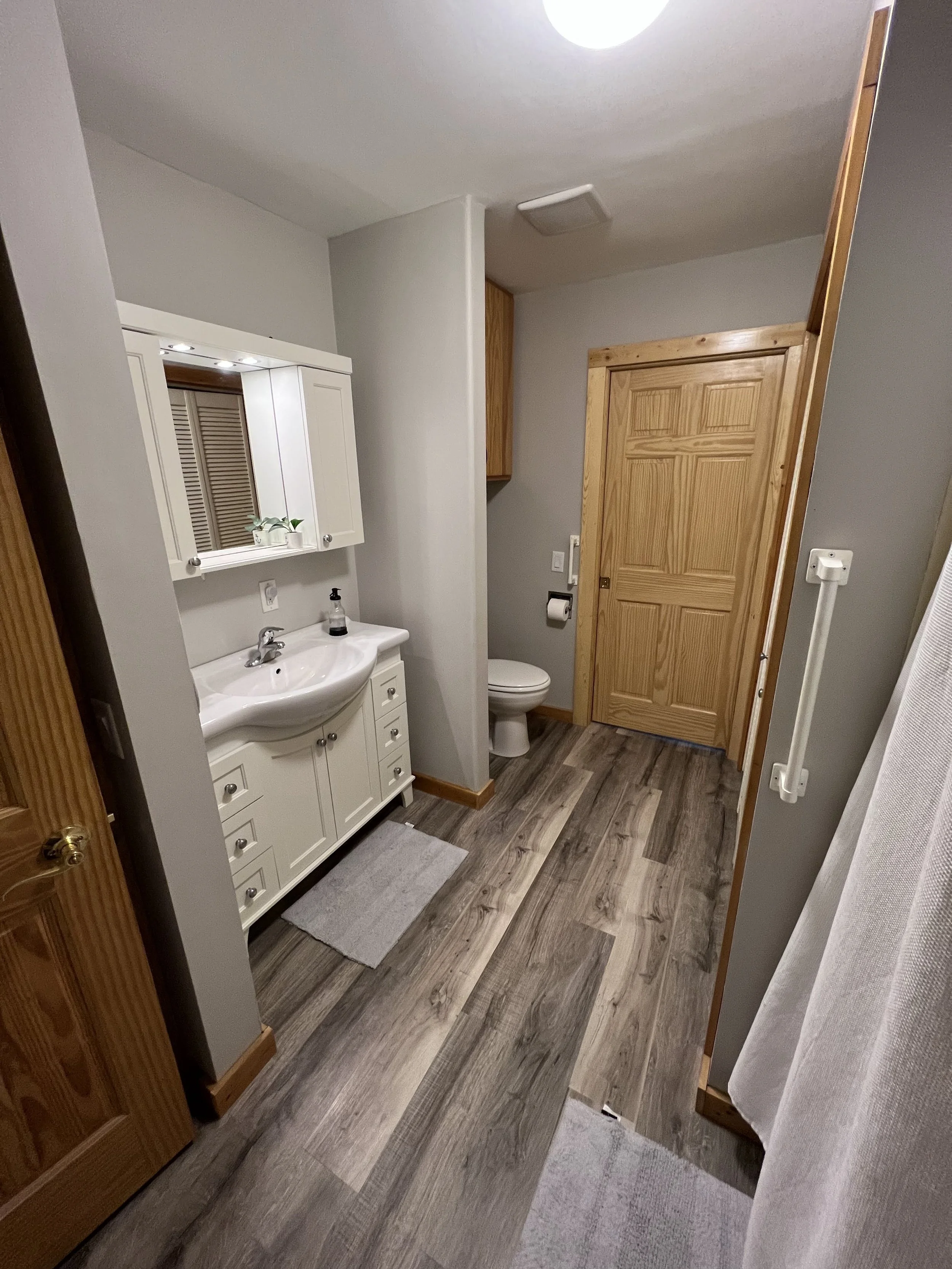A bathroom with a white vanity, mirror, and cabinets, a toilet, a wooden door, and wood trim on the baseboards and door frame, with wood-look flooring and a gray rug.
