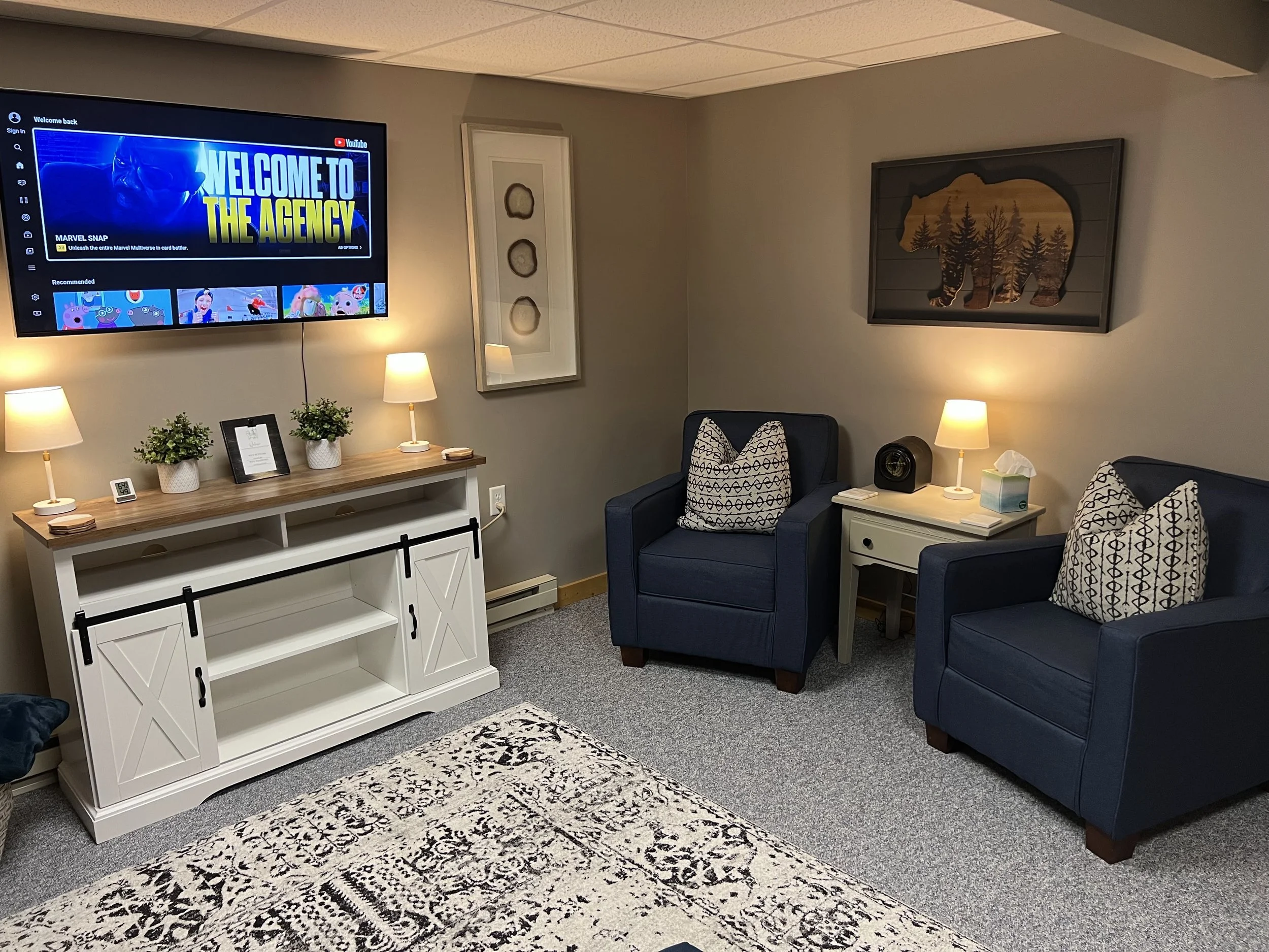 A cozy living room with a flat-screen TV mounted on the wall showing 'Welcome to the Agency' from Marvel. Below the TV is a white media console with two potted plants, a framed picture, and a small picture frame. To the right are two navy blue armcha