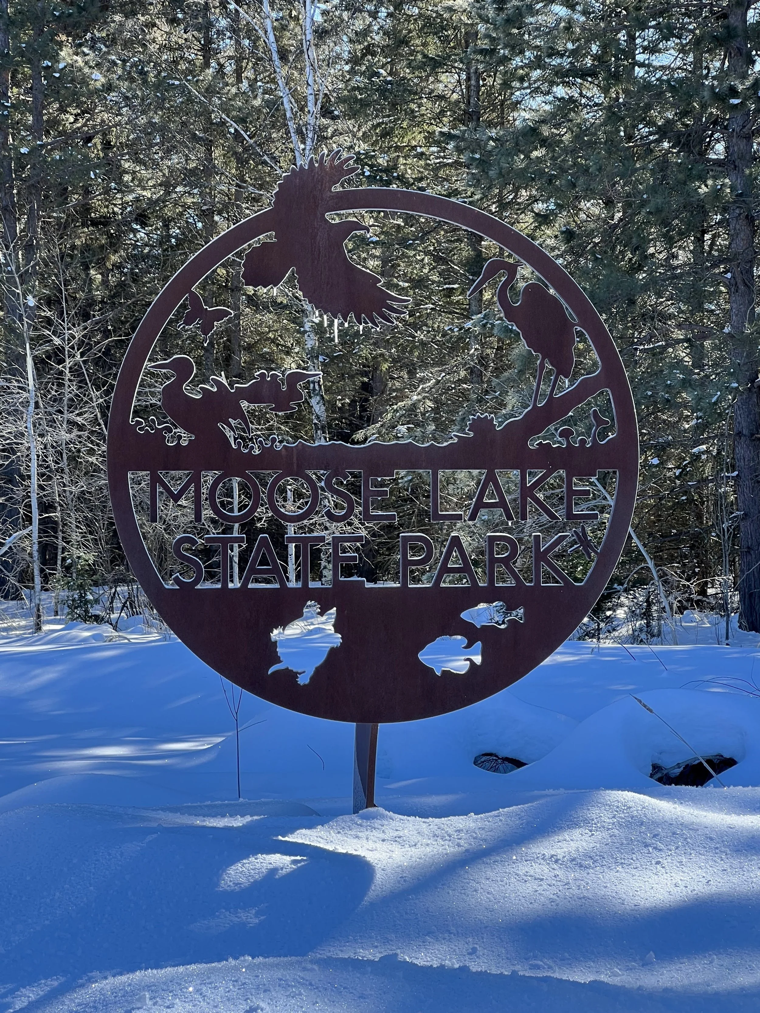 Metal sign for Moose Lake State Park with silhouettes of a moose, an eagle, and fish, set against a snowy forest background.