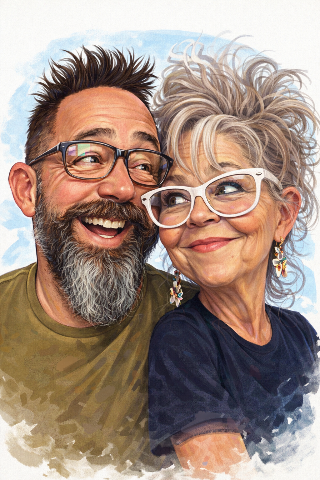 A digital painting of a smiling older woman with gray wild hair and white glasses, and a smiling man with a beard, mustache, and glasses, both looking at each other.