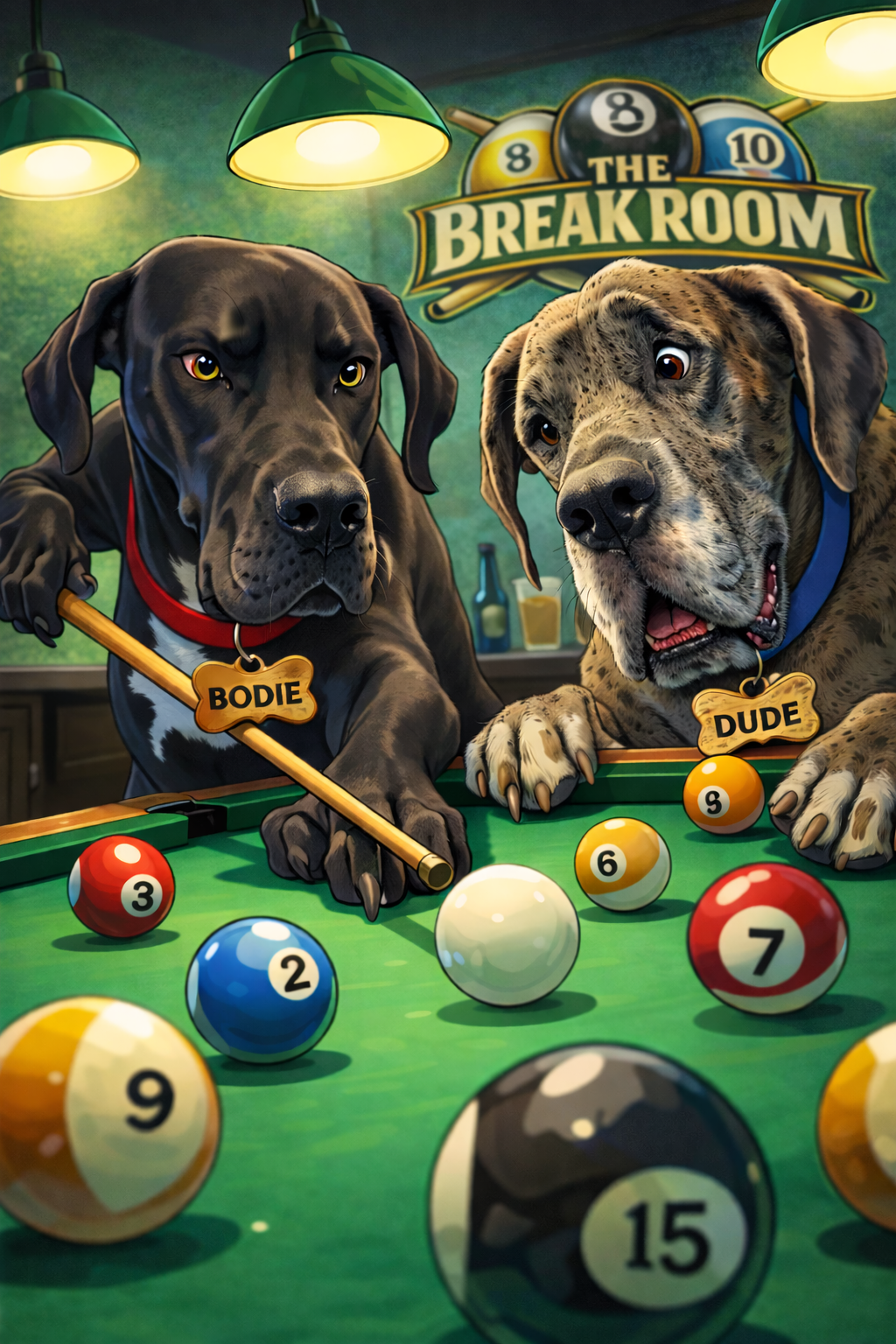 Two dogs with name tags, Bodie and Dudel, playing pool in a bar with pool balls on the table, under green overhead lights, with a billiards-themed sign that says 'The Break Room' in the background.