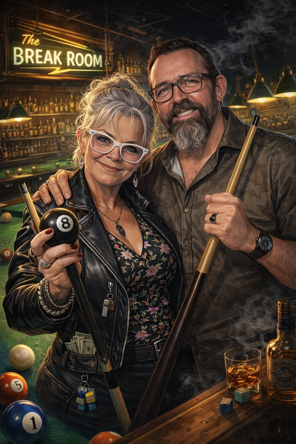 A smiling older woman and man in a bar with a pool table, surrounded by pool balls, a bottle of liquor, a glass with drink, and pool cues, with a neon sign that says 'The Break Room' in the background.