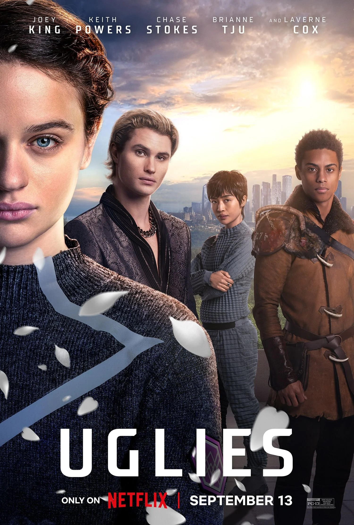 Promotional poster for the Netflix series 'Ugly' featuring four diverse characters against a city skyline and sunset background. The characters are a woman on the left with blue eyes, a blonde woman in the middle with crossed arms, and two men on the right, one with short curly hair and the other with styled hair. The title 'UGLIES' is at the bottom, with release date September 13 and a note that it's only on Netflix.