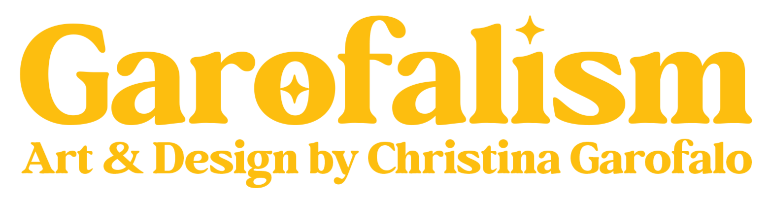 Logo for Garofalism art and design, created by Christina Garofalo, featuring bold yellow text on a black background.