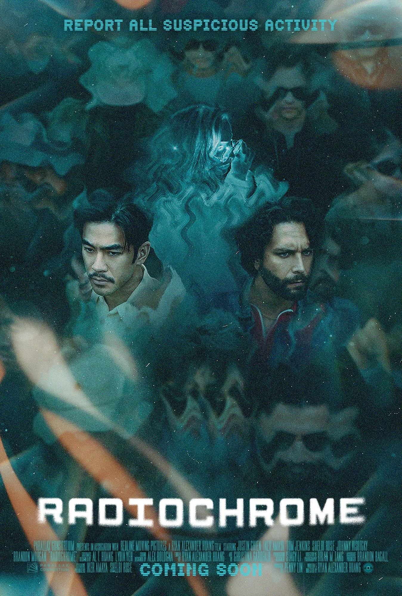 A promotional poster for the show 'Radiochome' featuring three main characters with a futuristic, neon blue and green aesthetic. The text prompts to report suspicious activity and indicates the show is coming soon.