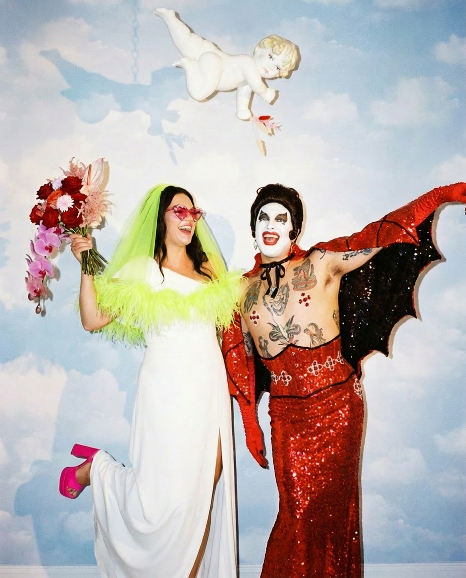 bride in wedding dress and elvis standing under a sky-themed backdrop with a cherub statue hanging above them.