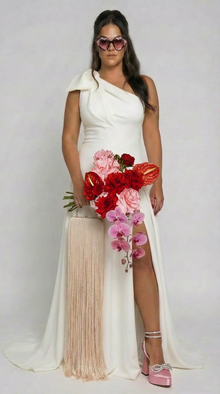 BRIDE wearing a white WEDDING dress with a high slit, pink heart-shaped sunglasses, holding a bouquet of pink, red, and purple flowers, and wearing pink high heels with bows.