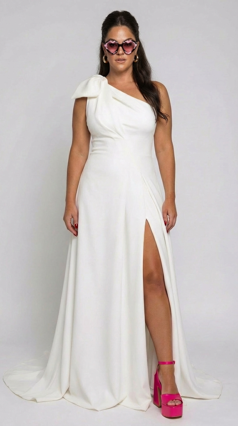 BRIDE in a white one-shoulder WEDDING dress with a high slit and pink platform heels. She has long, styled hair and wears large hoop earrings.