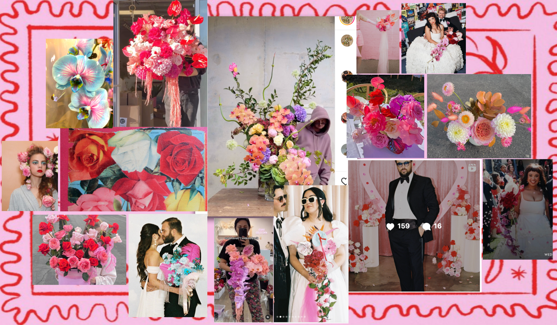 Collage of various floral arrangements and people at events, including bouquets of roses and other flowers, a woman with floral makeup, and people in wedding attire, set against a pink background with a border.