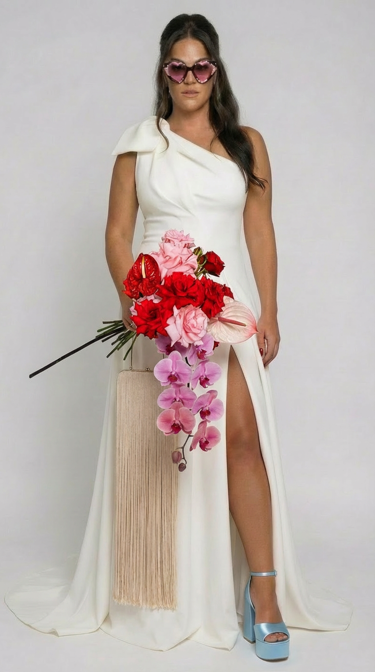 BRIDE wearing a white WEDDING gown holding a large bouquet of red, pink, and purple flowers, wearing heart-shaped sunglasses and light blue high heels.