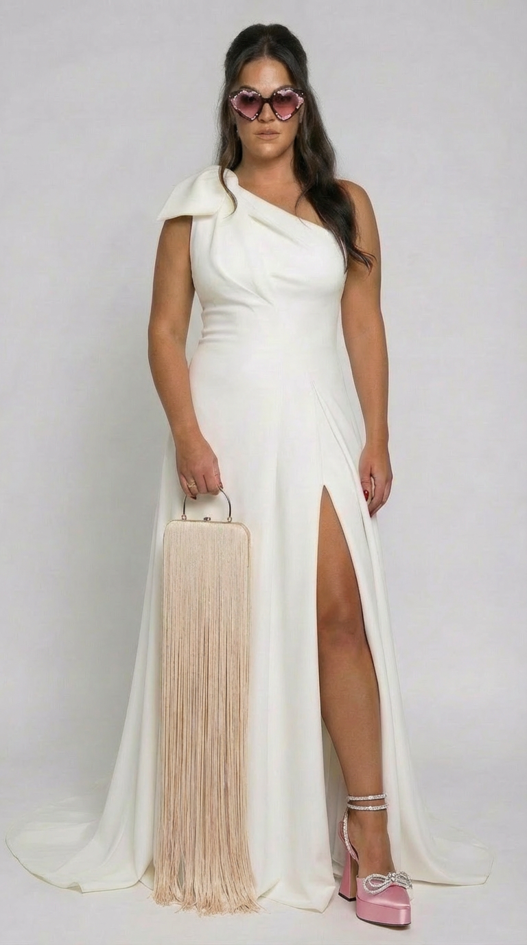 BRIDE wearing a white WEDDING GOWN in an elegant white gown with a high slit, wearing oversized pink heart-shaped sunglasses, holding a beige fringed handbag, and wearing pink high heels with ankle straps and bow decorations.