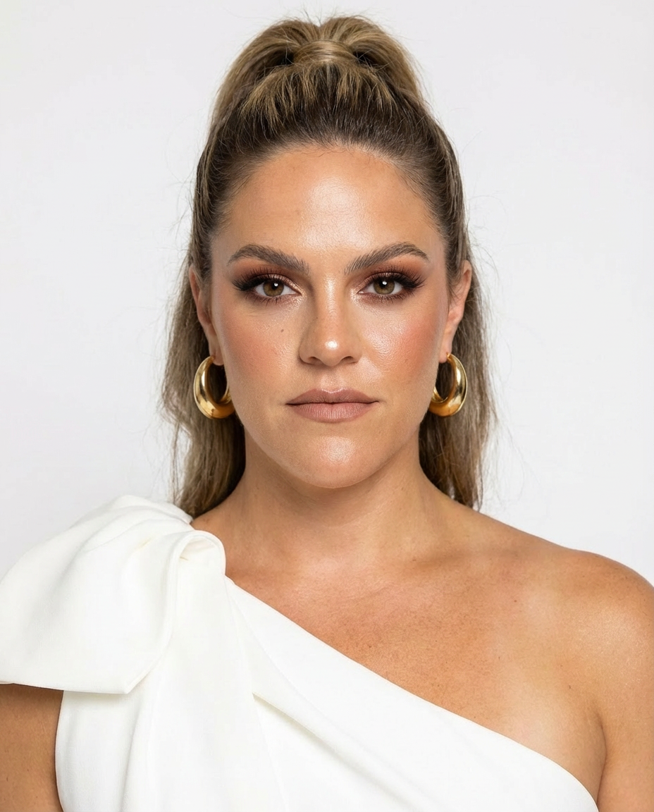 A BRIDE with light brown hair styled in a high ponytail, wearing large gold hoop earrings and a white WEDDING DRESS with a shoulder detail, posing against a plain white background.