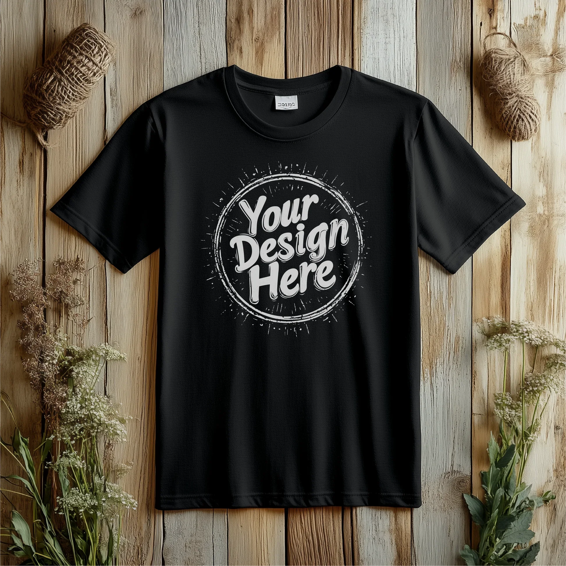 Black t-shirt with a circular design and the text 'Your Design Here' in the center, hanging on a wooden background with decorative flowers and balls of twine surrounding it.