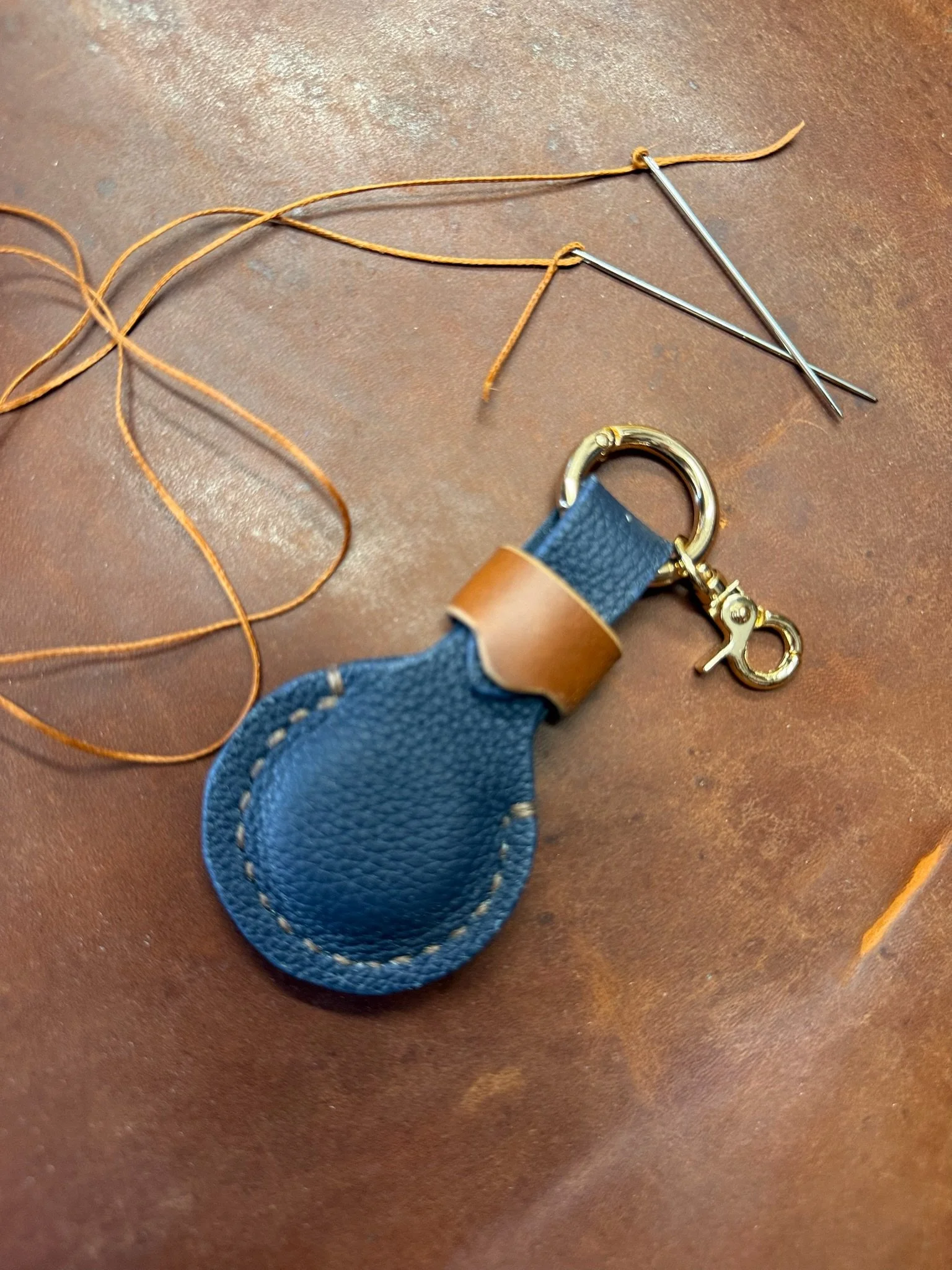 The Nicole — Handmade Leather AirTag Key Ring, Camelback Leather Goods