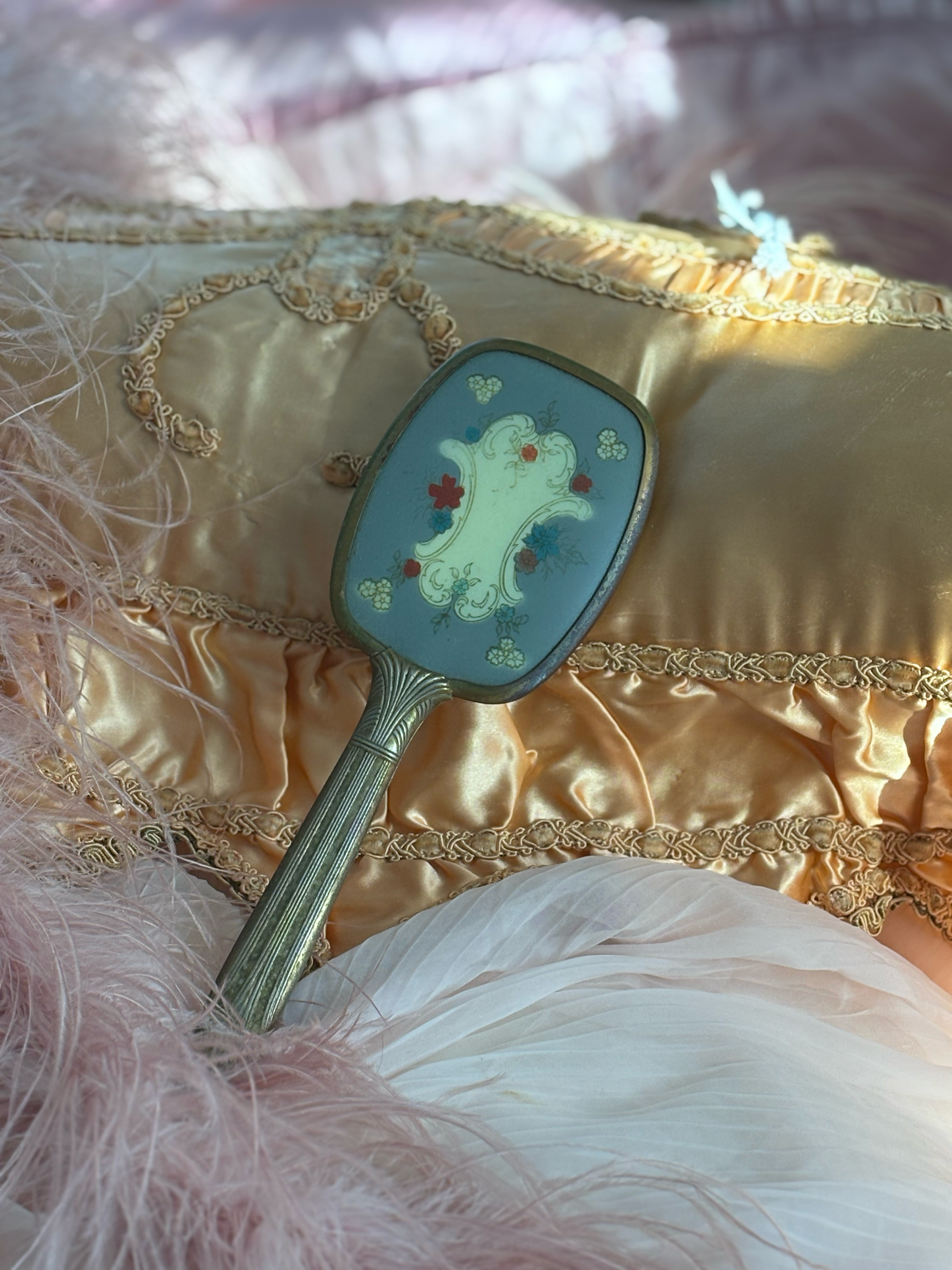 Sky Blue Florentine Vanity Brush with Florals, c. 1930s