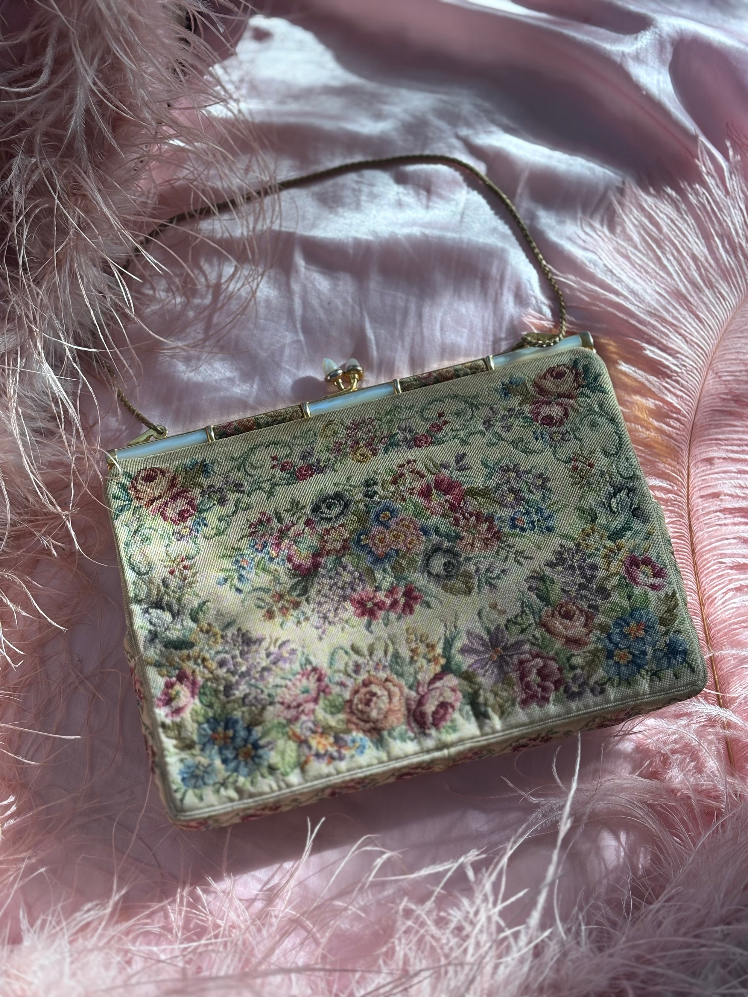 Vintage Floral Tapestry Purse with Satin Lining & Mother-of-Pearl Details