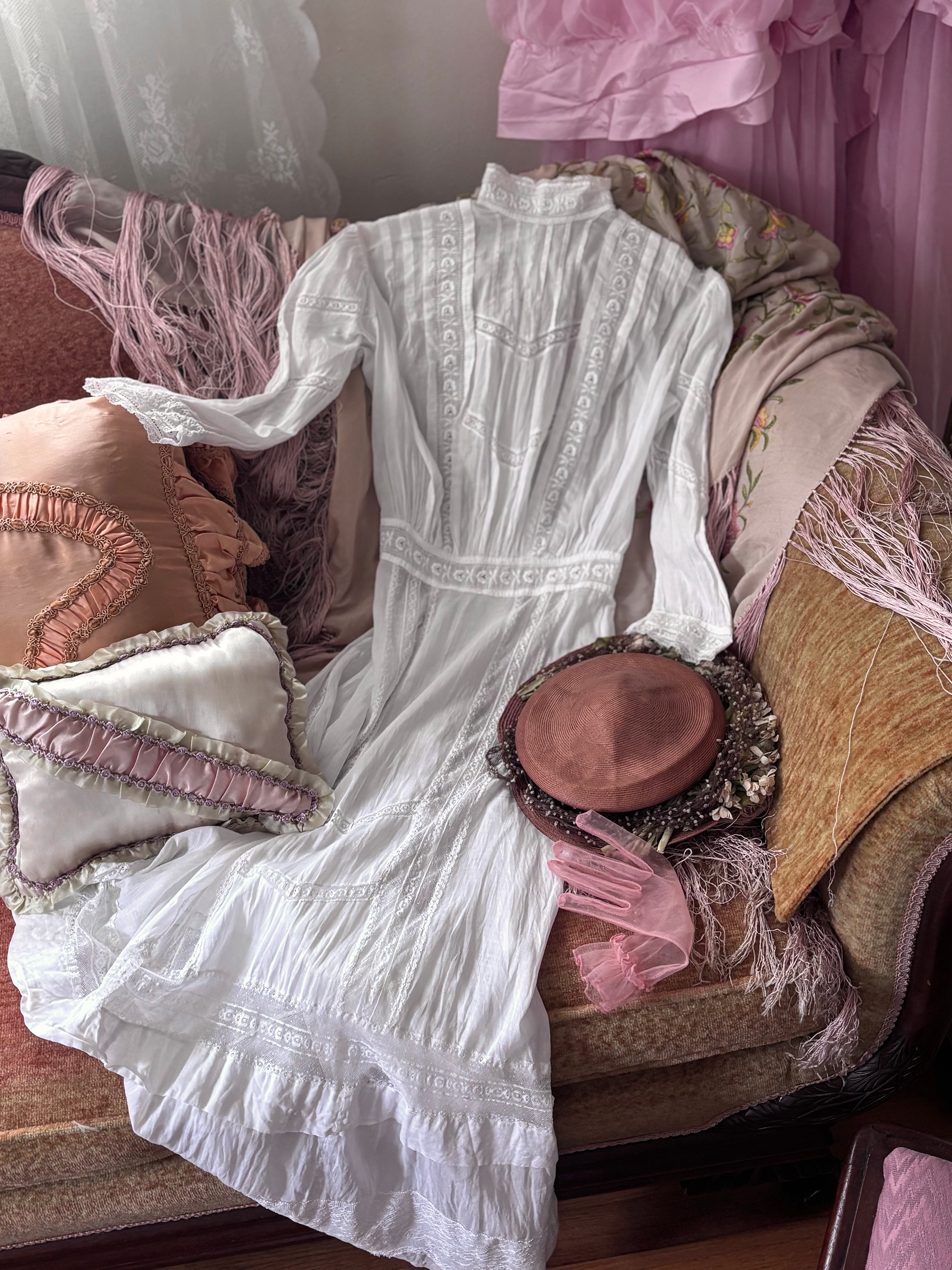Edwardian White Lawn Dress with Embroidery and Lace Insertion