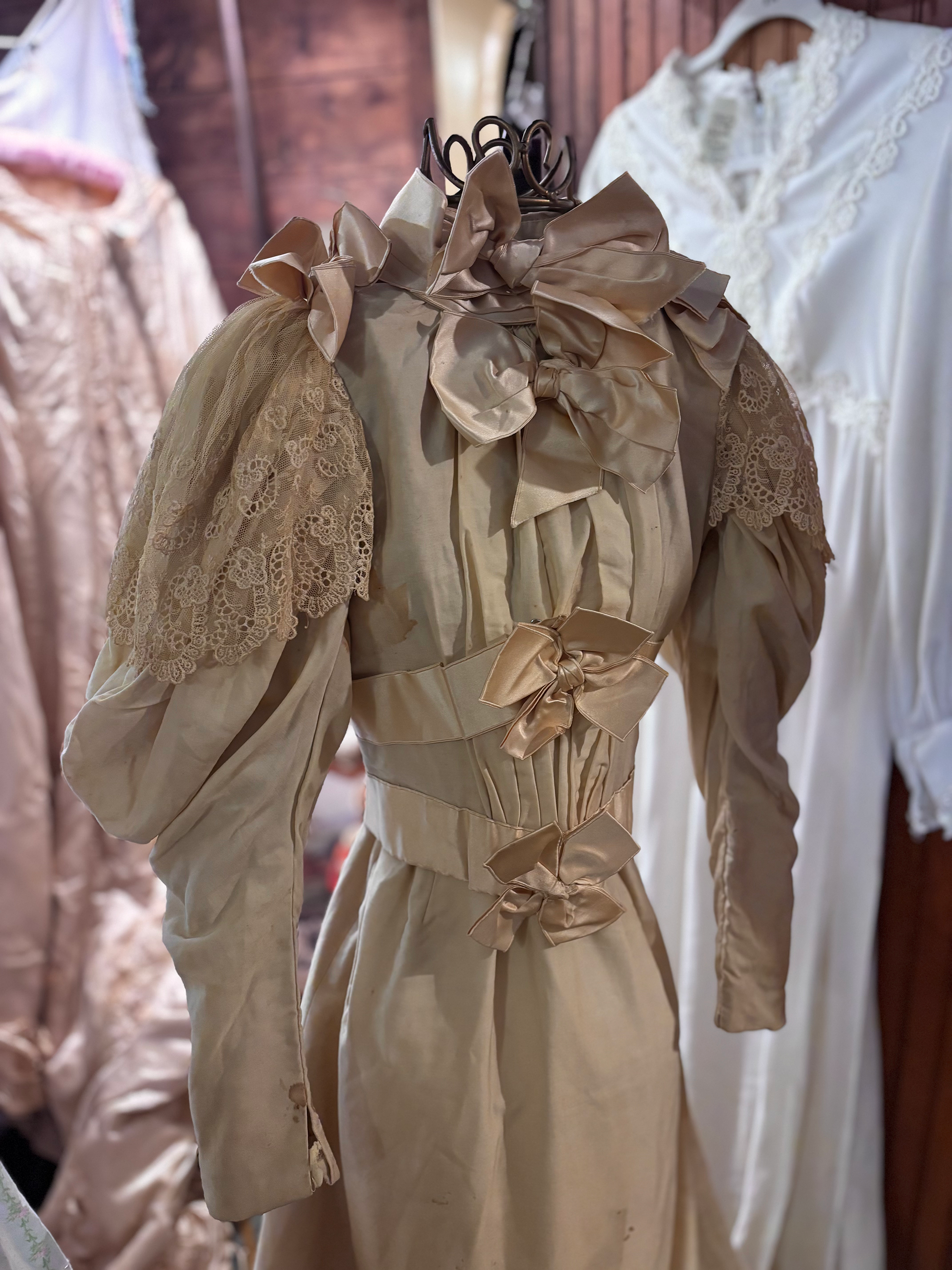 1890s Ivory Bridal Ensemble Drenched in Satin Bows