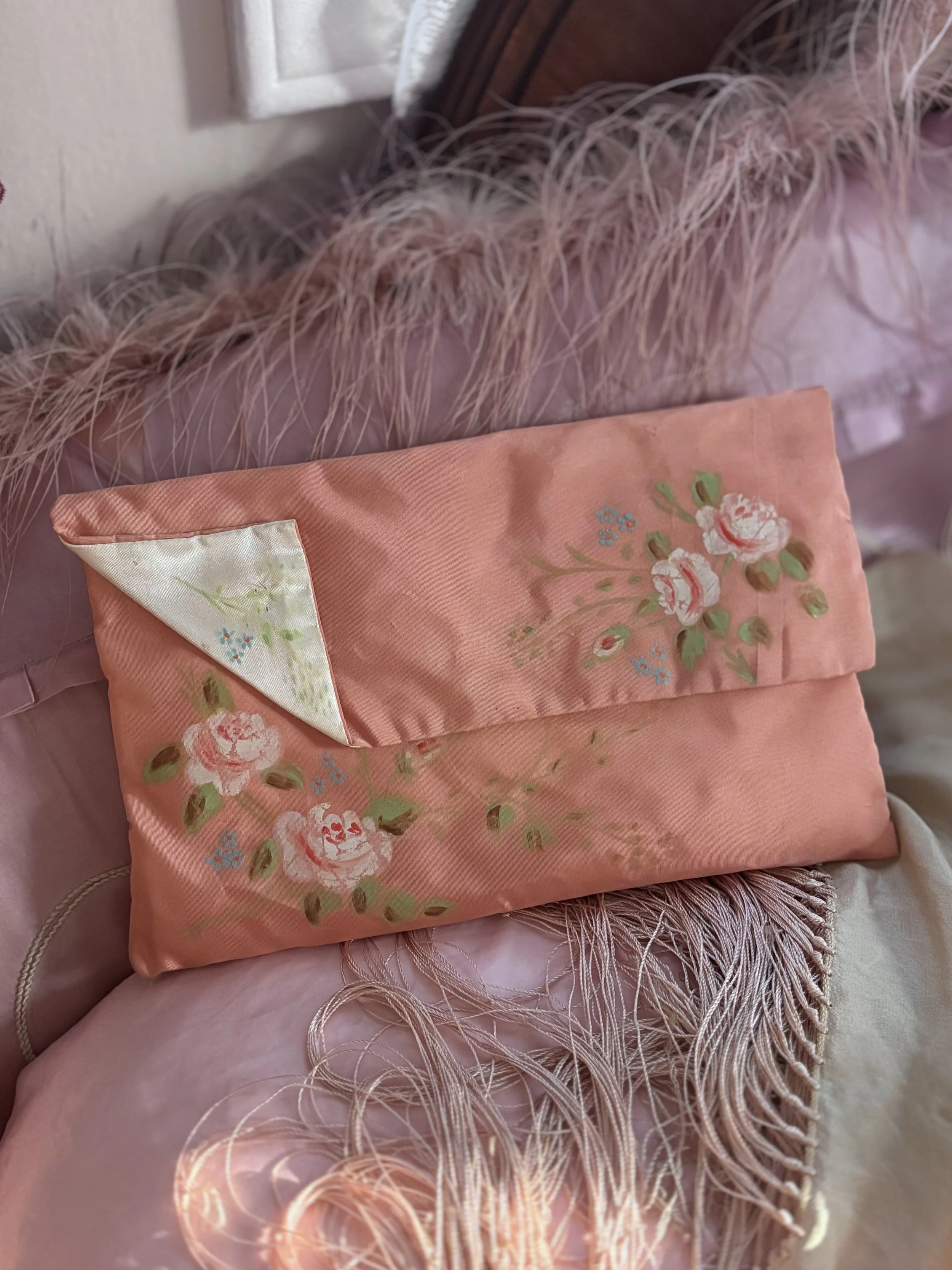 Hand-Painted 1930s Silk Peach & Rose Lingerie Pouch