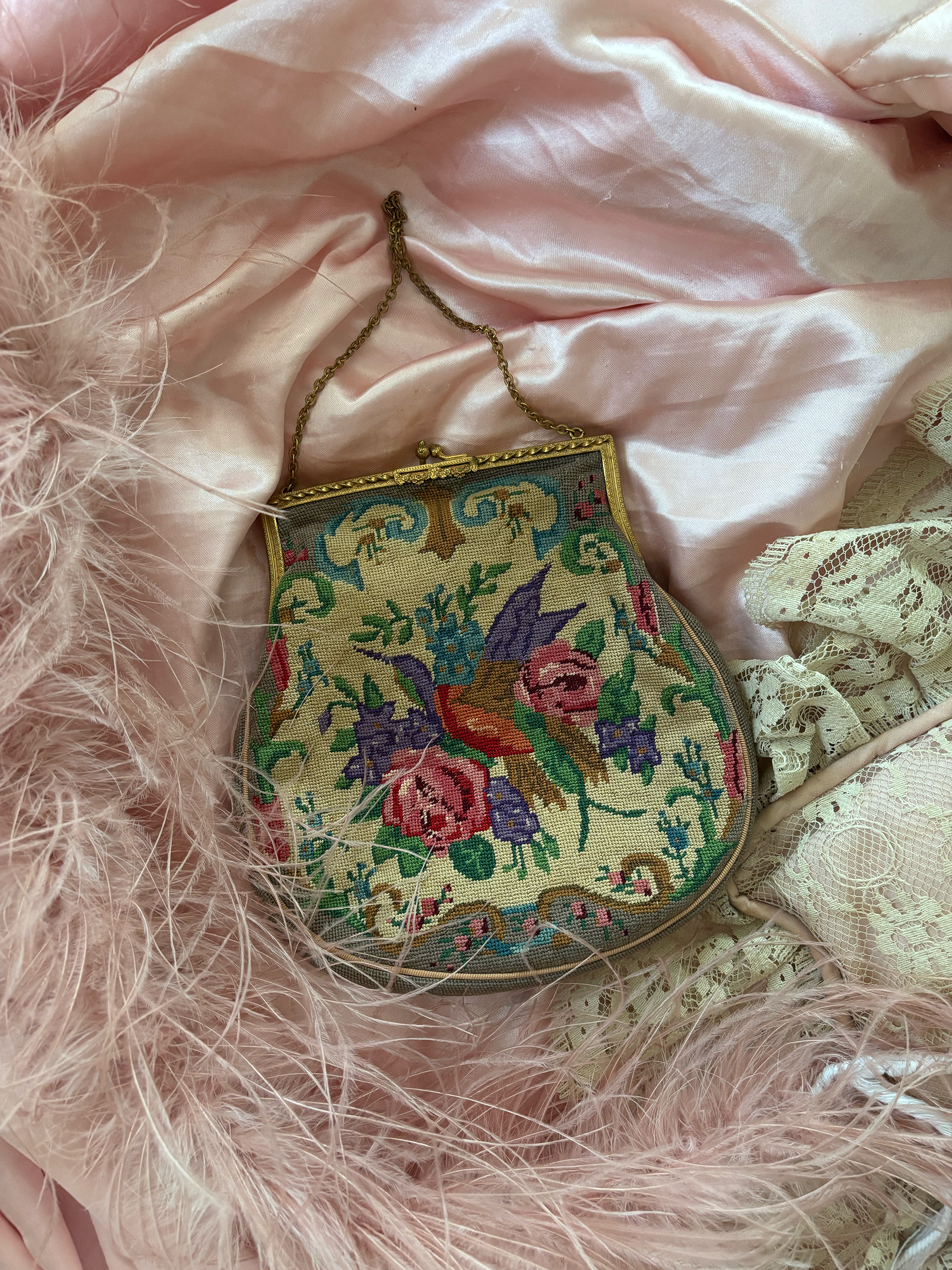 1920s Petit Point 'Rose & Bird' Evening Purse