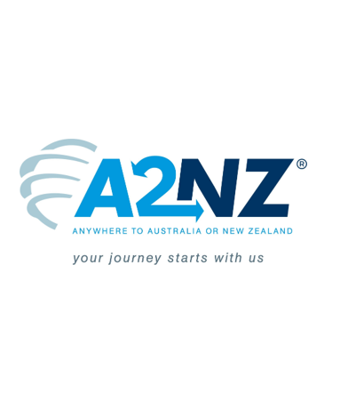 A2NZ logo with the tagline 'Anywhere to Australia or New Zealand' and 'your journey starts with us' on a white background.