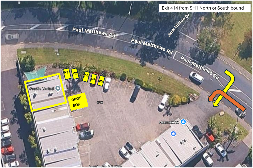 Aerial view of a parking lot with marked parking spaces P1 to P5 and a drop box. Surrounding roads are labeled Paul Matthews Road and Jack Hinton Drive. There are parked cars along the edges of the parking lot and adjacent to buildings.