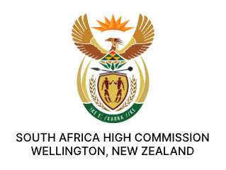 South Africa High Commission Wellington, New Zealand seal with an eagle, shield, and African symbols.