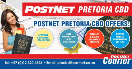 Poster advertising PostNet Pretoria CBD services, including apostille legalization, SACE registration, embassy police clearance, and driver license confirmation letters, with contact information at the bottom.