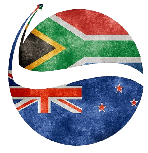 A pie chart with flags of South Africa on the top half and New Zealand on the bottom half.