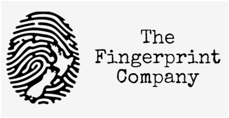 A black fingerprint with a world map pattern inside it, next to the text 'The Fingerprint Company' in black font.