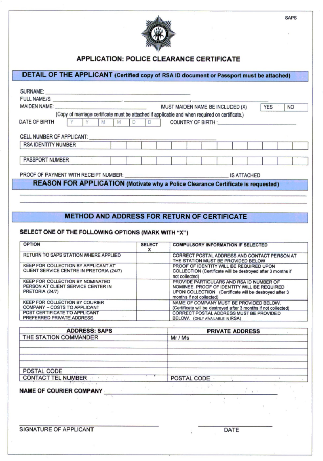 Police clearance certificate form with sections for applicant details, reason for application, return address, and courier information.