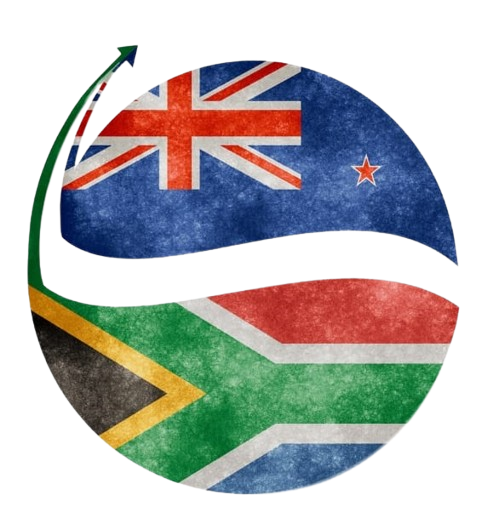 A circular design with the New Zealand flag on the upper half and the South African flag on the lower half.