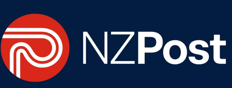 NZ Post logo with a red circular icon featuring white stylized lines and the text 'NZ Post' on a dark blue background.