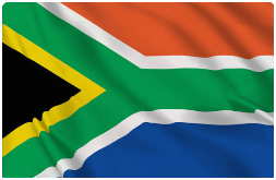 South African flag with black, green, yellow, white, red, and blue colors.