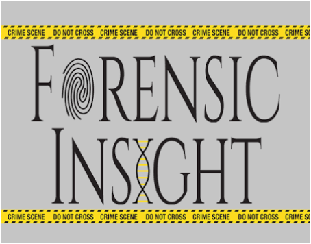 Text reading 'Forensic Insight' with DNA and fingerprint icons, surrounded by yellow 'crime scene' tape.